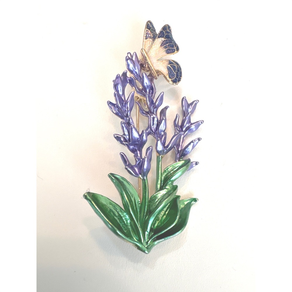 Lavender Flower Enamel Brooch Butterfly Purple Floral Pin Gold Vintage Style